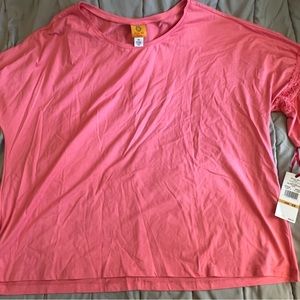 Ruby Rd, 3X, bright coral “Flamingo” top with crochet trim on sleeves